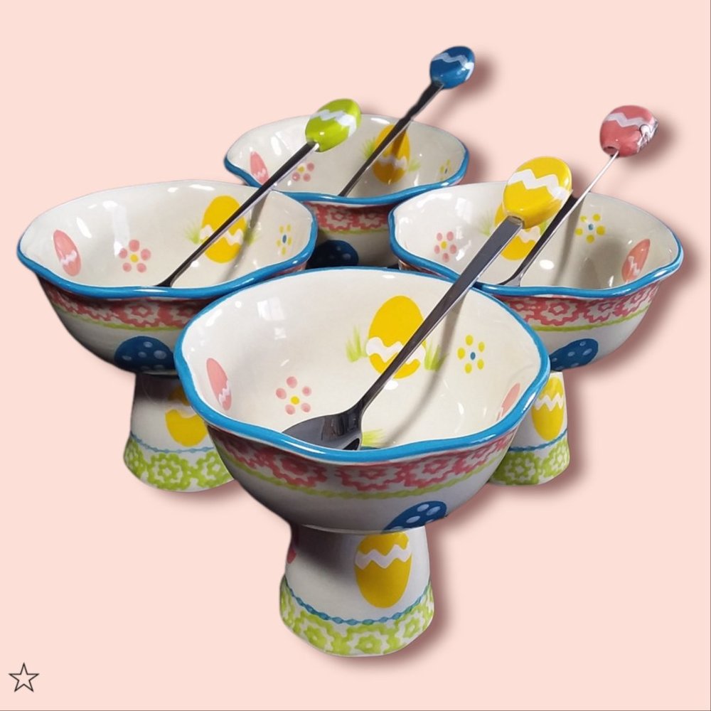 NEW Temptations by Tara Ceramic Easter Footed Dessert Bowls with Spoons Set of 4